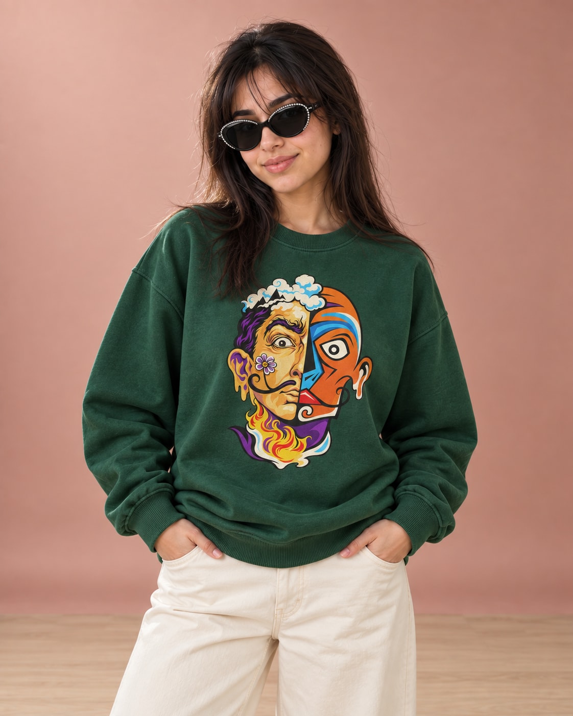 Surreal Dalí Portrait Sweatshirt - Front Print Model Shot | My Turtle